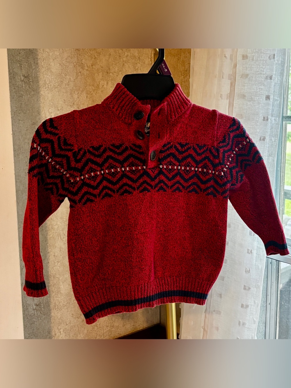 OshKosh B’gosh Boys 3T Red Fair Isle Button Mock Neck Sweater Cozy Knit